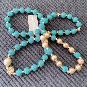Four Strand Beaded Stretch Bracelet in Teal and Gold Color
